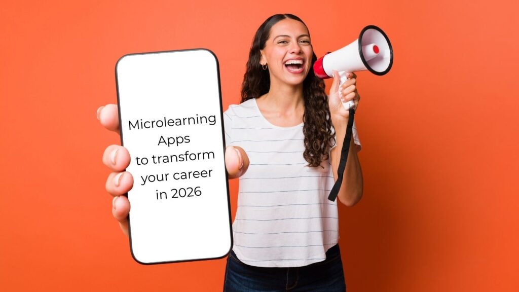 featured image of a girl holding a phone in one hand and a megaphone in another. The text 'microlearning apps to transform your career in 2026" appears on the phone screen, which is in the foreground